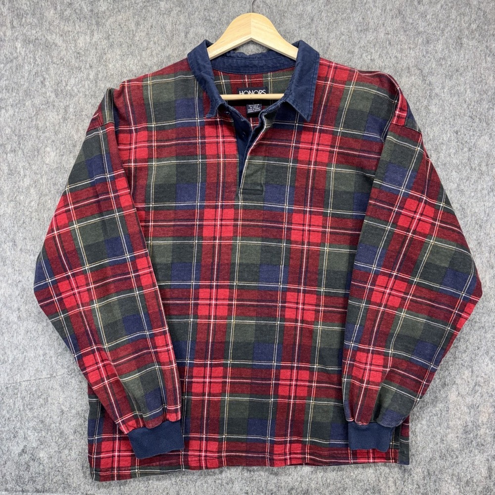 Vintage Honors Rugby Tartan Plaid Polo Shirt Men's Large 90s Preppy Long Sleeve